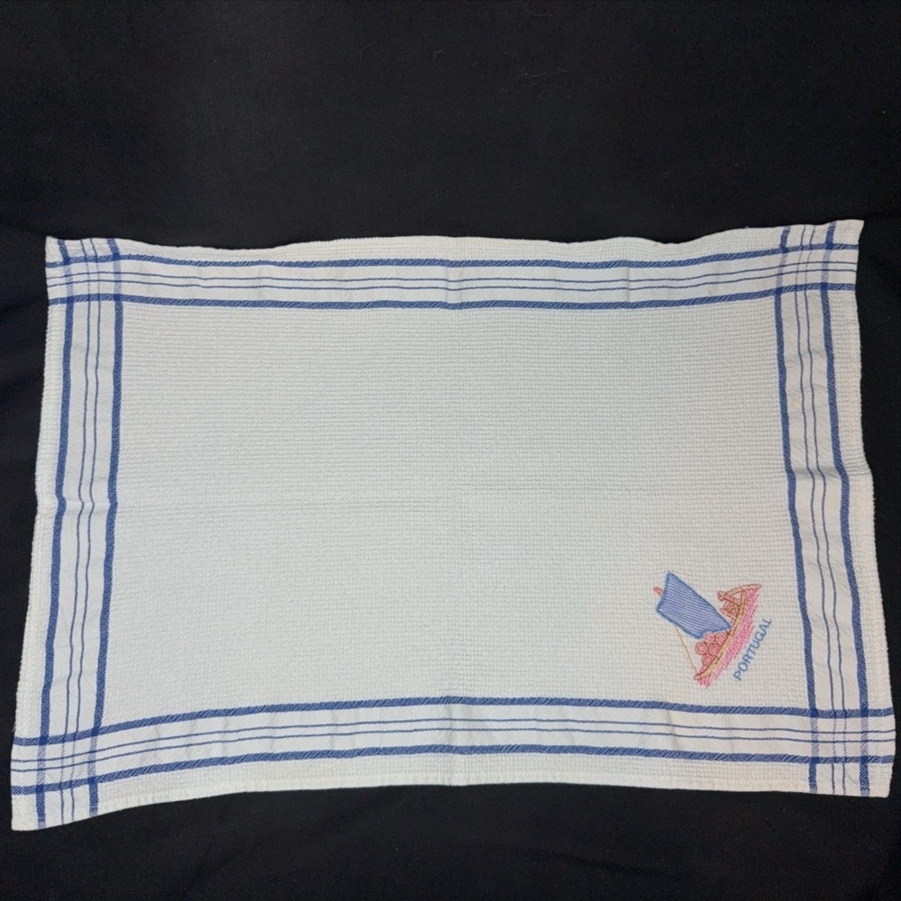 Portugal Embroidered Kitchen Tea Towel White Cotton Boat Nautical Decor